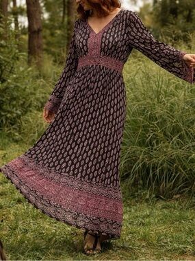 Knox Rose Boho Maxi Dress Black Red Floral Long Sleeve Size S